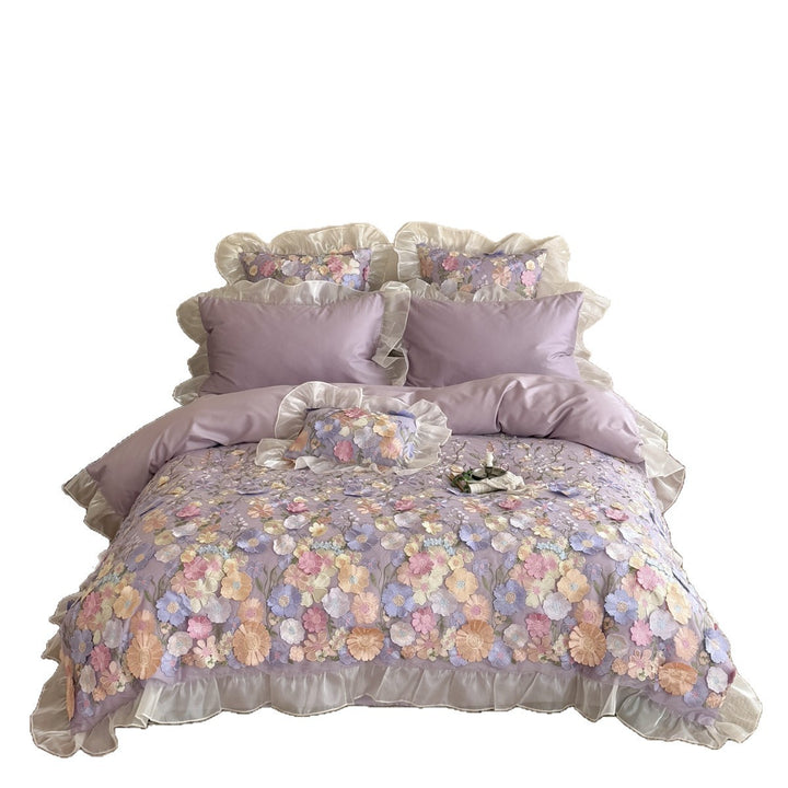 3D Floral Lace Appliqué Ruffled Duvet Cover Set