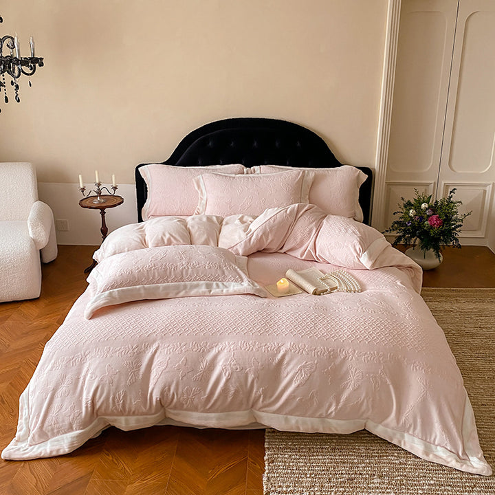 Textured Botanical Matelassé Duvet Cover Set with Satin-Wrapped Hem