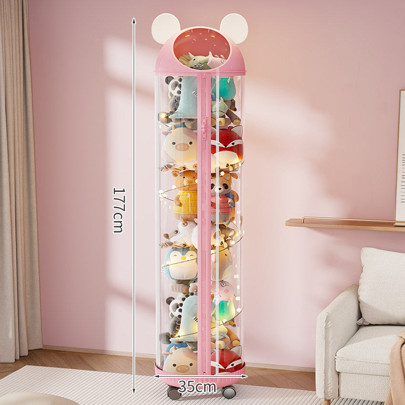 Vertical Clear Cylinder Plush Toy Storage Tower with Divided Shelves and Caster Base