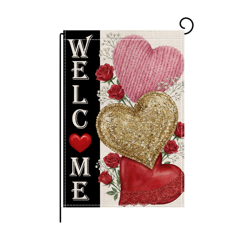 Double-Sided Burlap-Texture Rose Heart Wreath Welcome Garden Flag