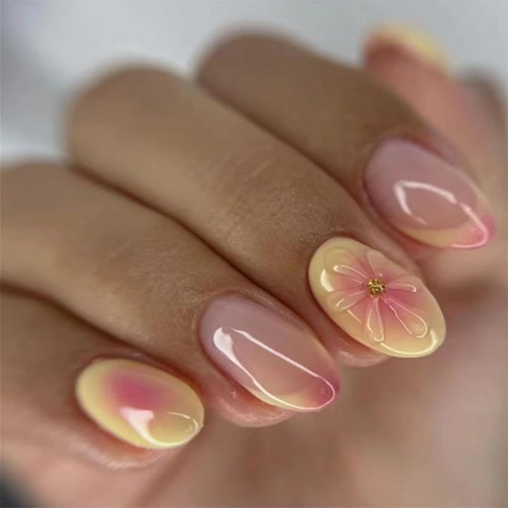 Artistic Almond-Shaped Press-On Nails with Floral Accents Stornfield