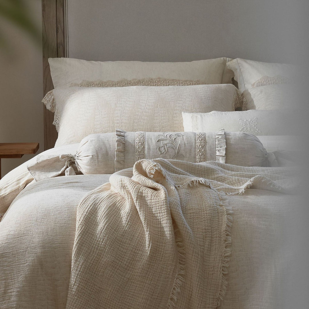 Washed Linen-Blend Gauze Duvet Cover Set with Crochet Lace Hem and Tied Bolster