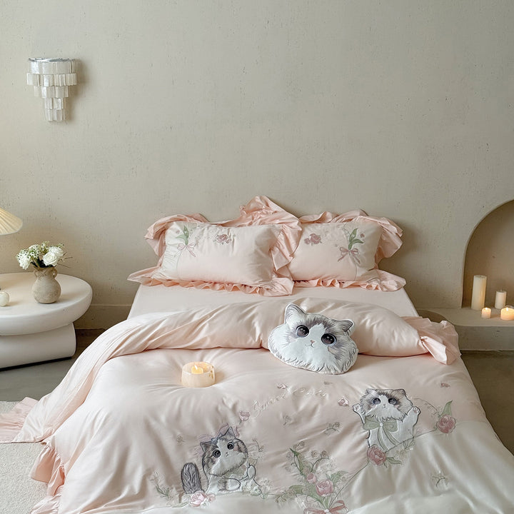Luxury Embroidered Ruffled Cotton Sateen Duvet Cover Set with Cute Cat Motif