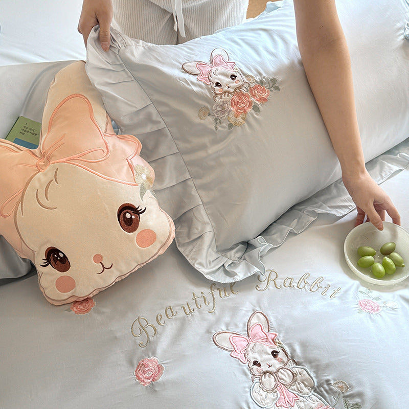 Embroidered Ruffled Cotton-Sateen Bunny Duvet Cover Set