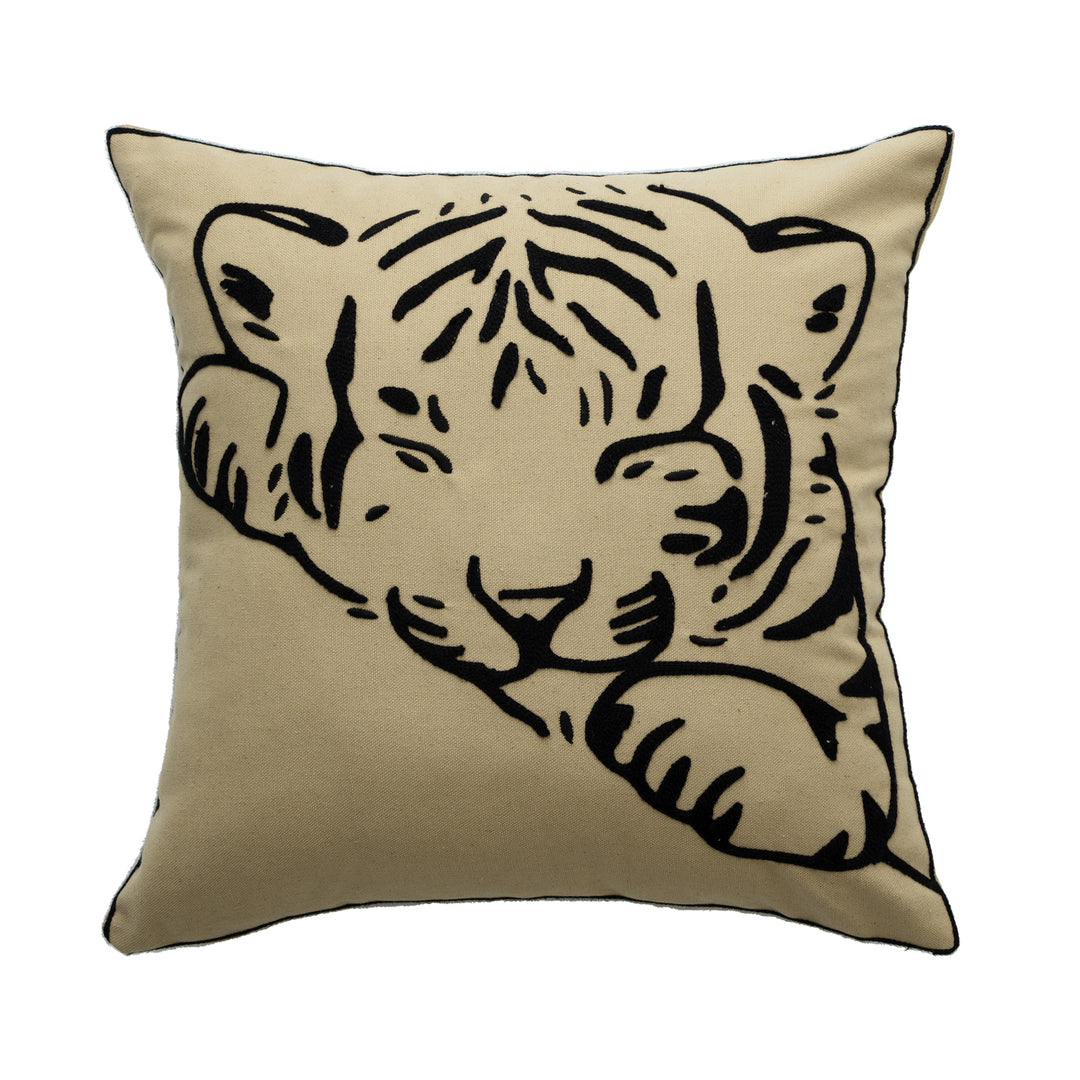 Cotton decorative pillow with raised dog tuft embroidery and contrasting piping