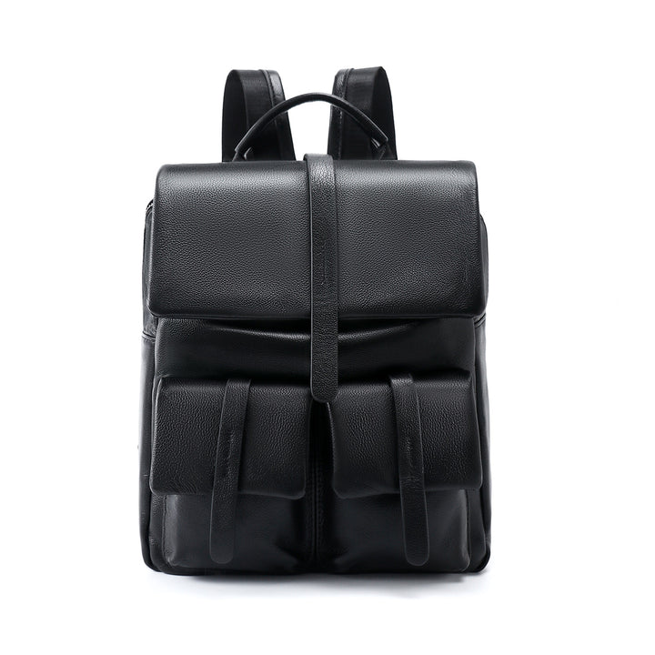 Leather Flap Backpack with Dual Front Pouches and Top Handle