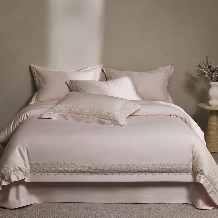 Luxury Sateen Duvet Cover Ensemble with Scalloped Lace Border and Tailored Bed Skirt