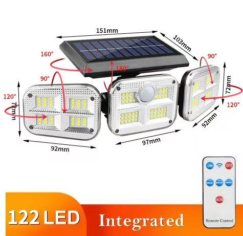 Outdoor Solar Triple-Head LED Security Floodlight With PIR Motion Sensor And Adjustable Swivel Mounts Stornfield
