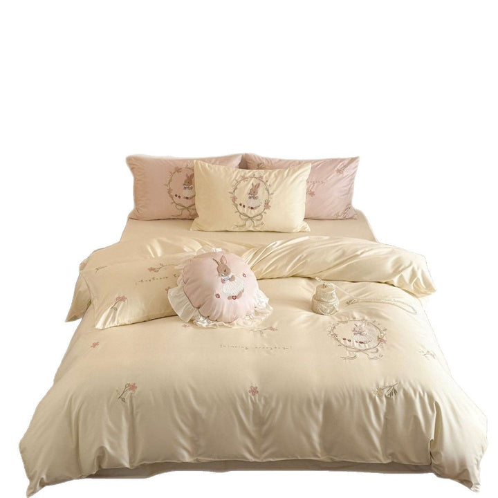 Children's Embroidered Bunny Cotton Sateen Bedding Ensemble with Ruffled Round Throw Pillow