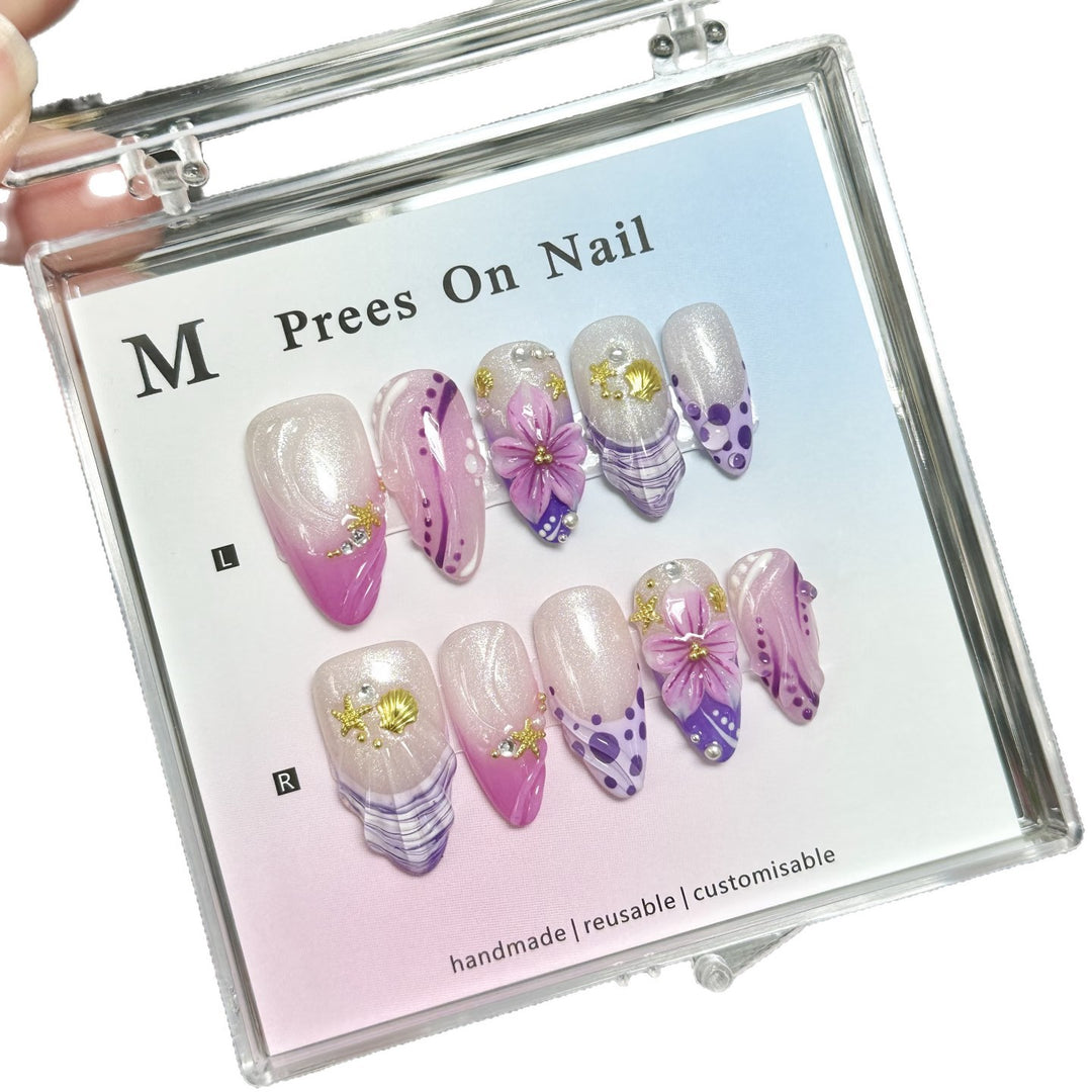 Decorative Press-On Nail Set with Floral and Sparkling Accents