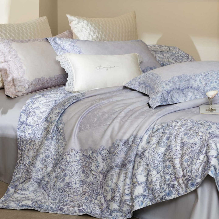 Botanical Printed Sateen Duvet Cover Set with Silk-Like Satin Hem and Decorative Shams
