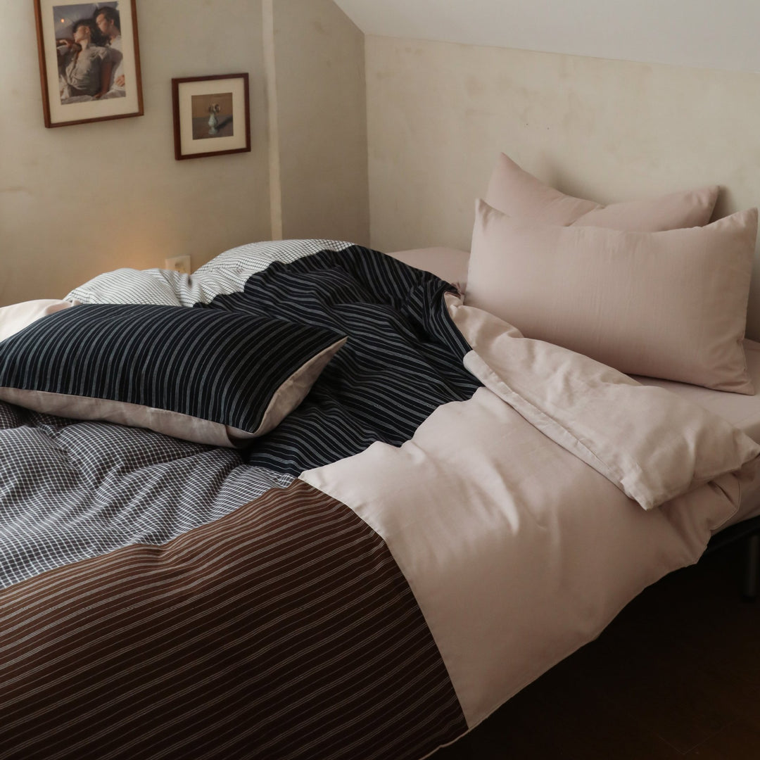 Reversible Embroidered Gingham Cotton Duvet Cover Set