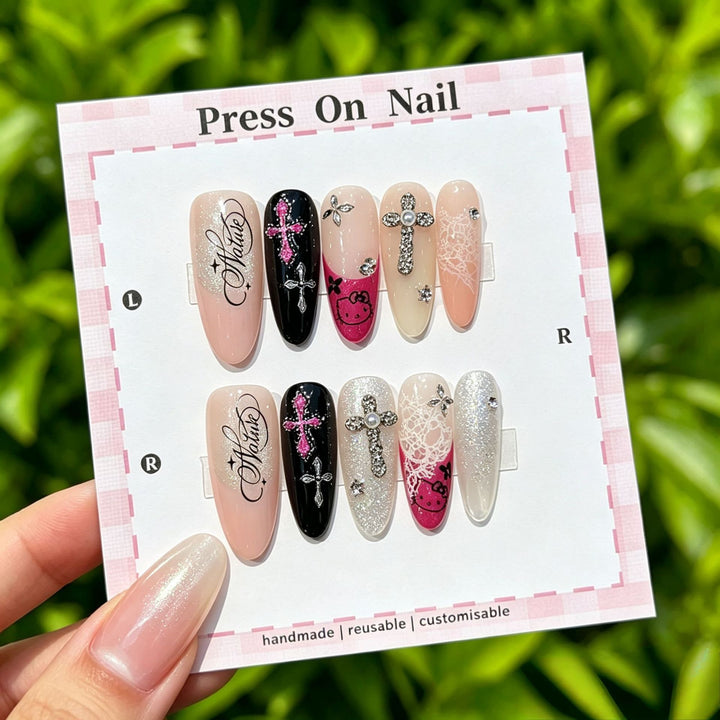 Artistic Press-On Nail Set with Floral and Patterned Designs