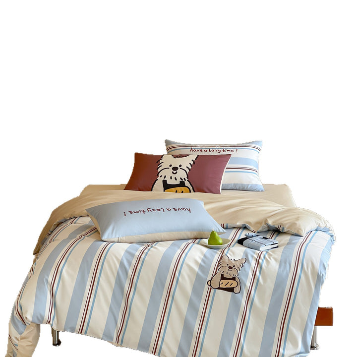 Playful Cartoon Appliqué Striped Cotton Duvet Cover Set