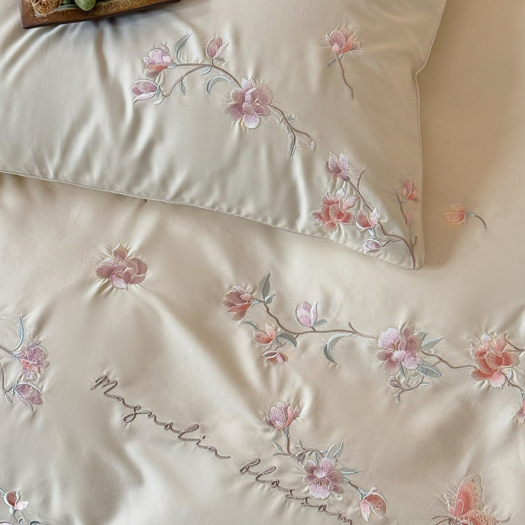 Embroidered Botanical Cotton Sateen Duvet Cover Set
