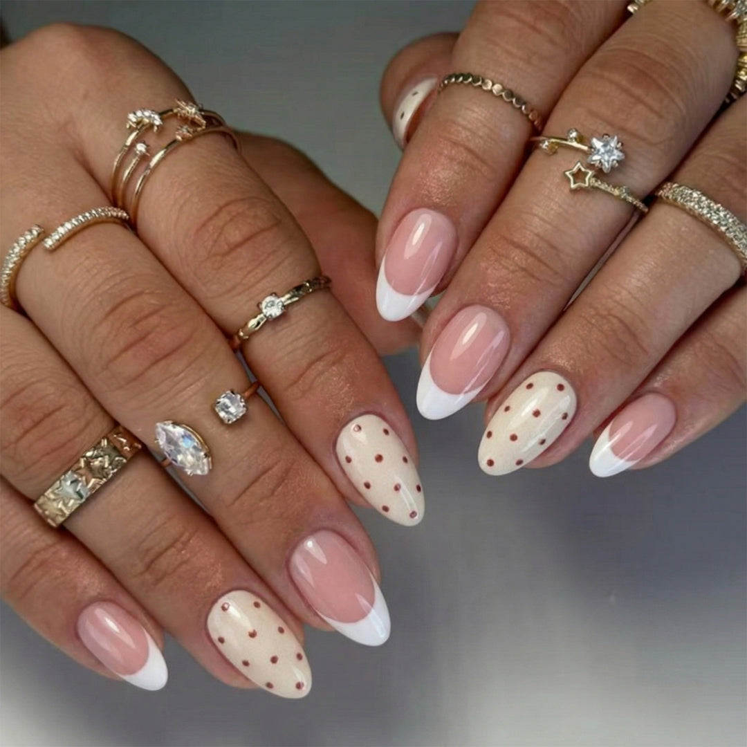 Elegant Press-On Nail Set with Polka Dot and French Tip Design Stornfield