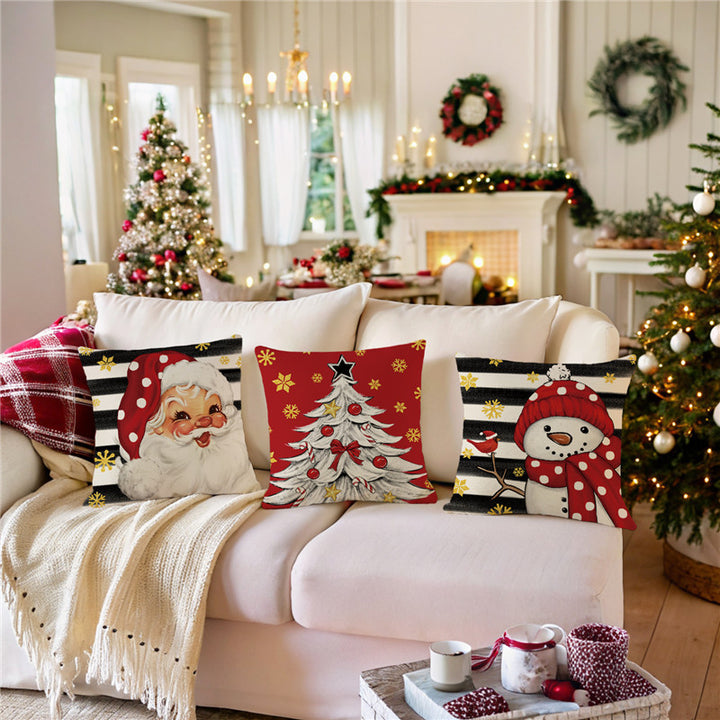 Square Cotton-Linen Holiday Tree Decorative Throw Pillow Cover with Candy-Cane Ornaments