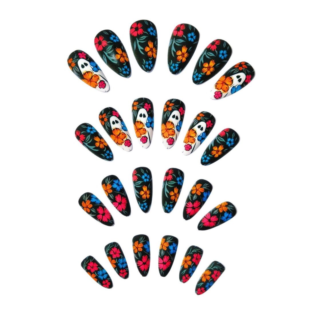 Creative Art Nails with Skull and Colorful Flower Design Stornfield