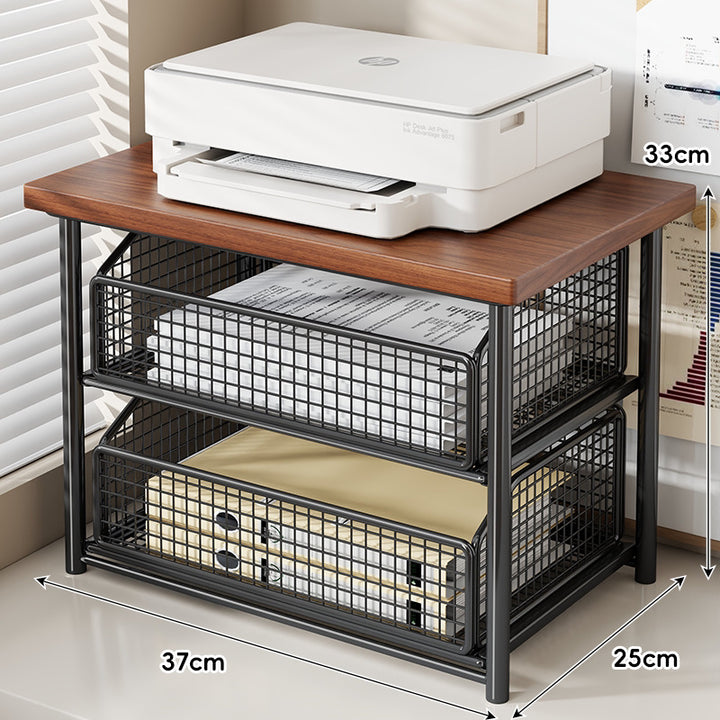 Compact Desktop Printer Stand with Wooden Top and Sliding Mesh Drawer
