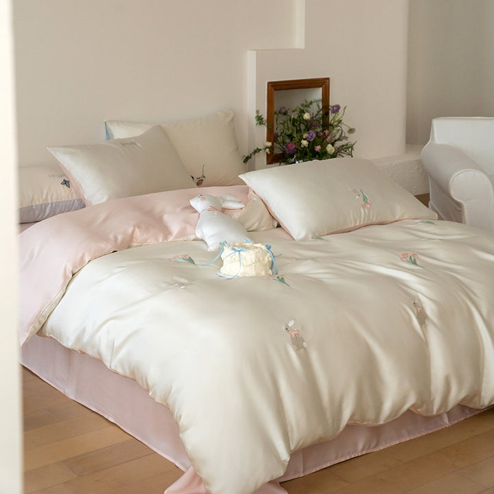 Silky bedding set with butterfly and rose embroidery