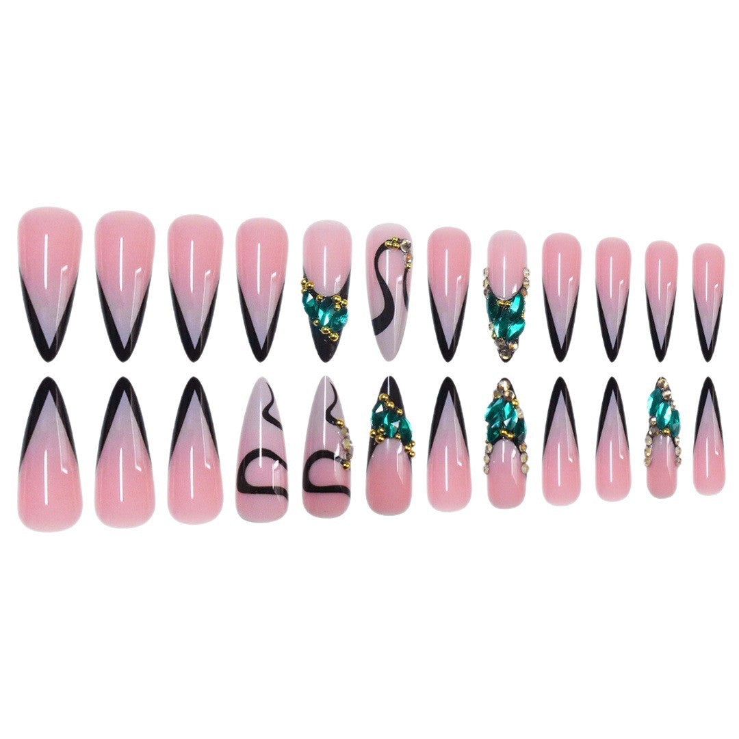 Artistic Stiletto Press-On Nail Art with Gemstone Accents Stornfield
