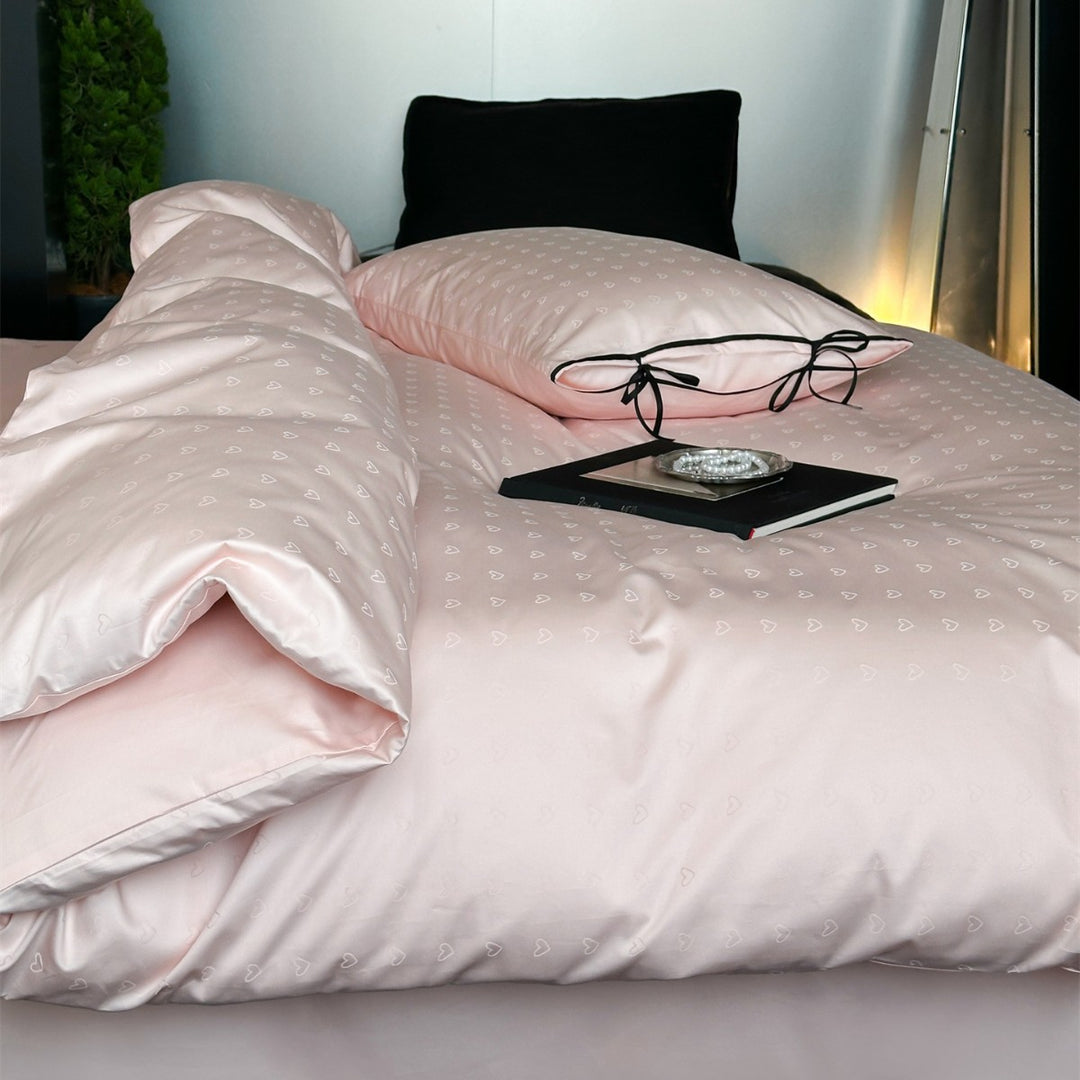 Lightweight Cotton Sateen Heart-Jacquard Duvet Cover Set with Tie-Closure Pillow Shams