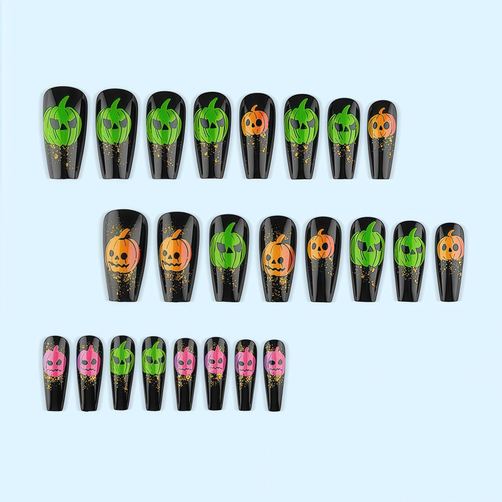Halloween-style artificial nails with graphic pumpkin designs Stornfield