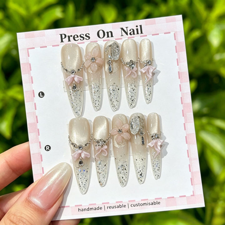 Artistic Press-On Nail Set with Tropical and Floral Accents
