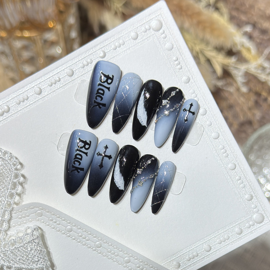 Artistic Press-On Nail Set with Gothic Feather and Cross Design Stornfield