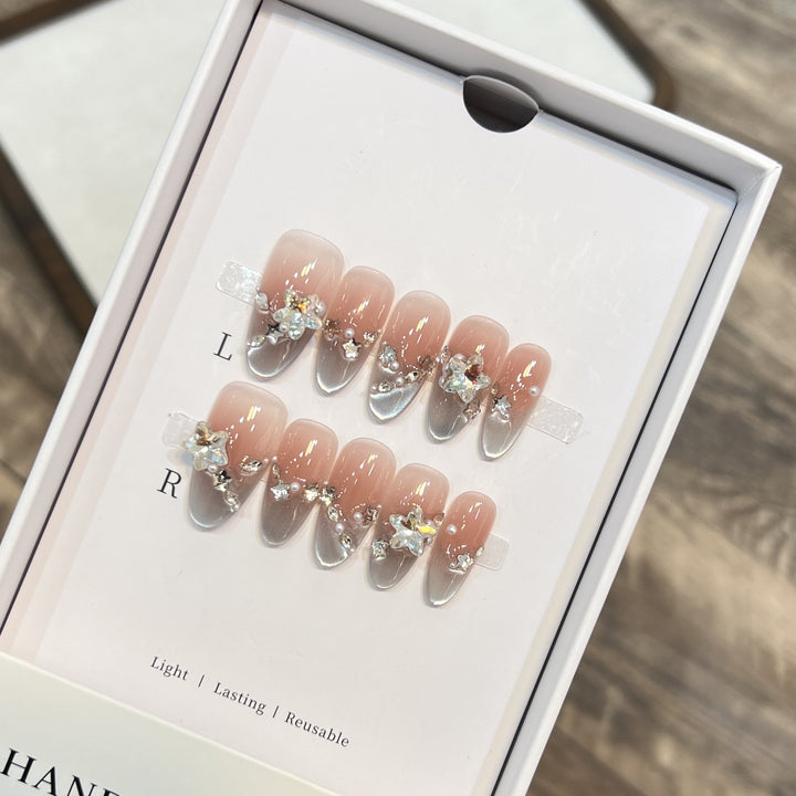 Elegant Press-On Almond Nails with Floral Accents Stornfield