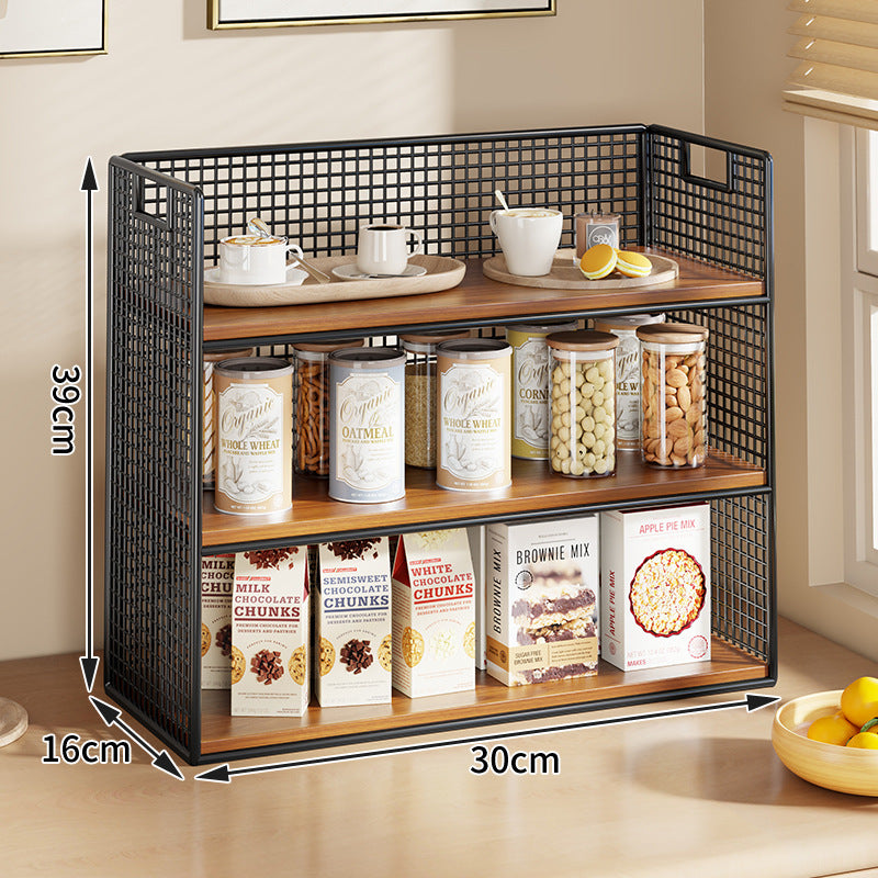 Multi-Tier Wire Mesh Countertop Pantry Organizer with Wood Shelves and Basket