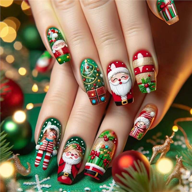 Festive Holiday-Themed Press-On Nail Art Set Stornfield