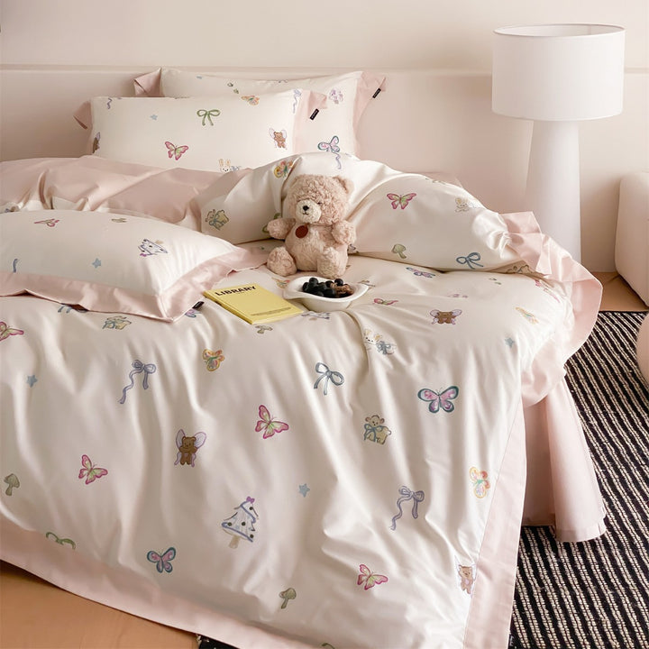 Playful Pastel Printed Cotton Sateen Duvet Cover Set with Satin Border and Pillow Shams