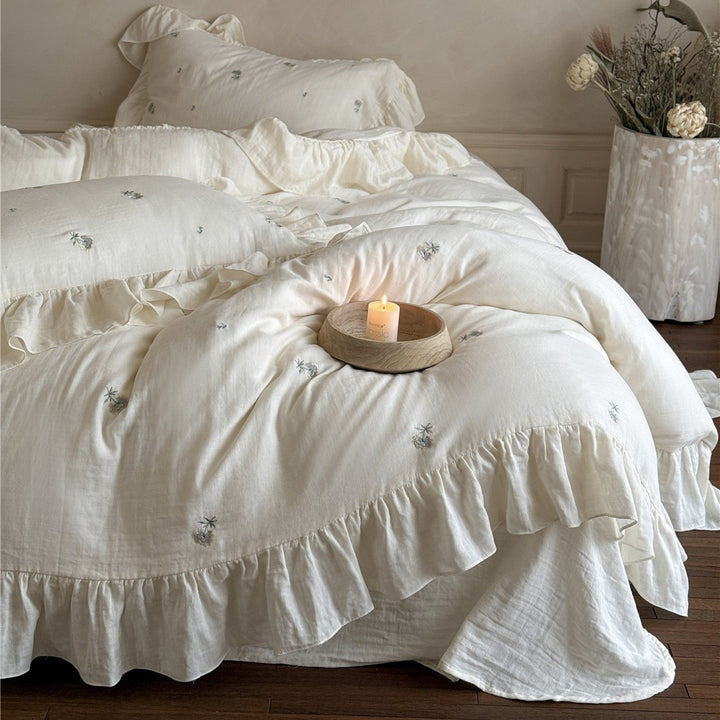 Ruffled Embroidered Linen-Blend Duvet Cover Set with Scalloped Ruffle Hem