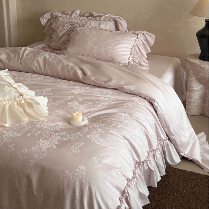 Ruffled Jacquard Floral Duvet Cover and Pillowcase Set