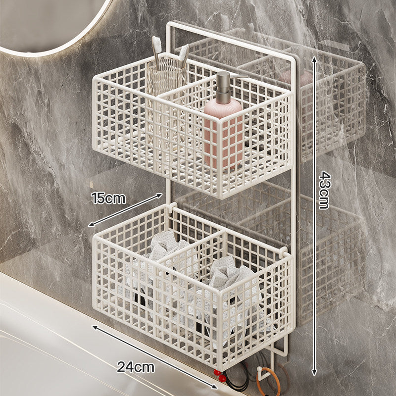 Wall-Mounted Metal Grid Bathroom Caddy with Triple Compartments Hooks and Drainable Base