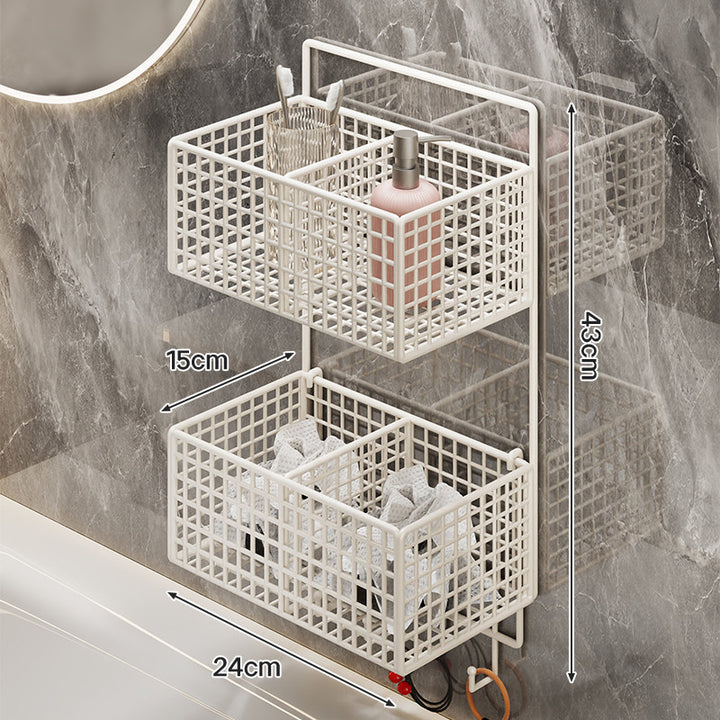 Wall-Mounted Metal Grid Bathroom Caddy with Triple Compartments Hooks and Drainable Base