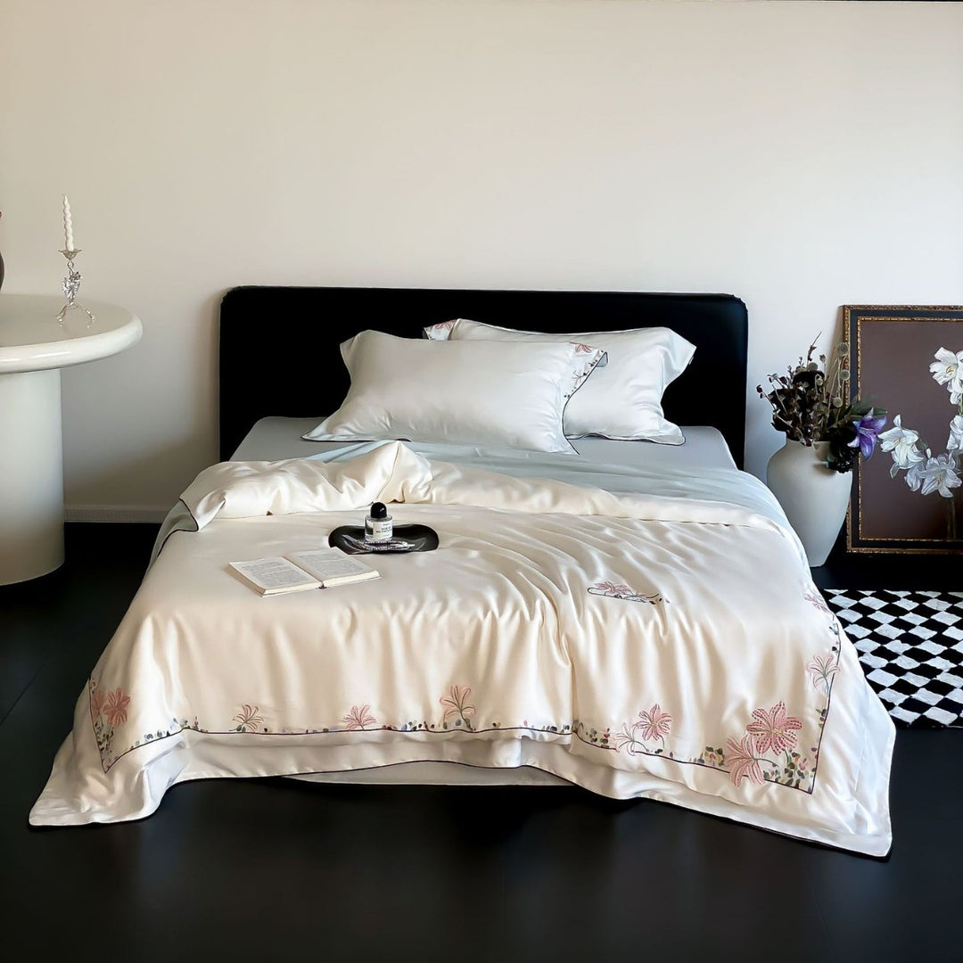 Luxurious silk bedding set with embroidered floral design