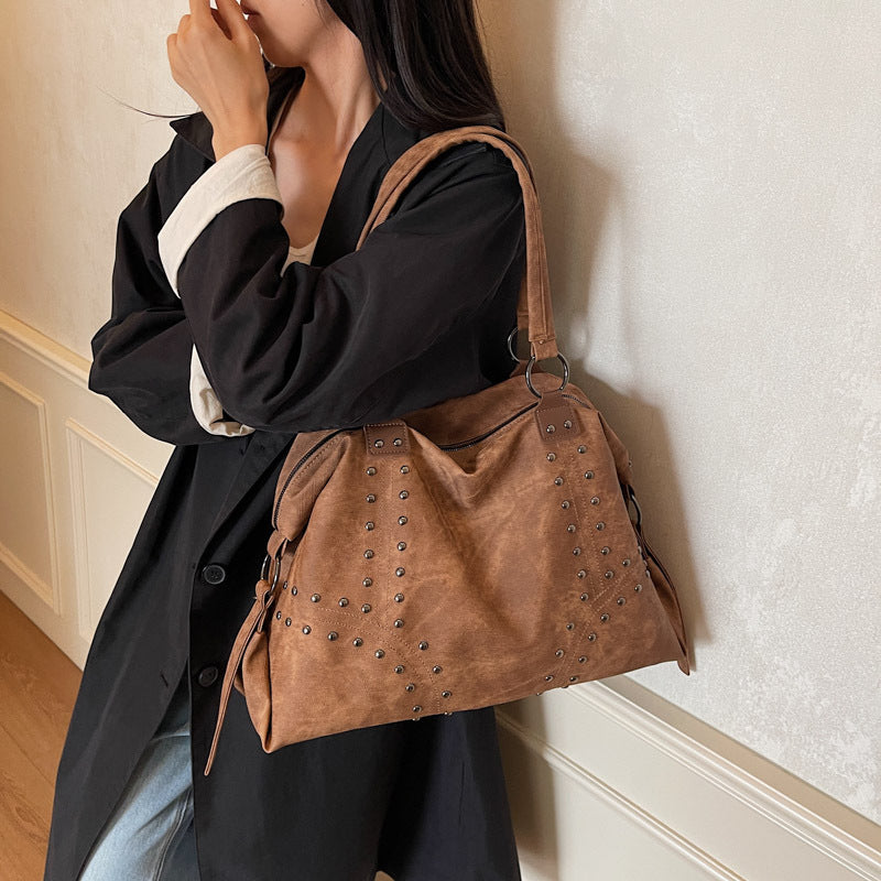 Stylish Suede Tote Handbag with Decorative Studs
