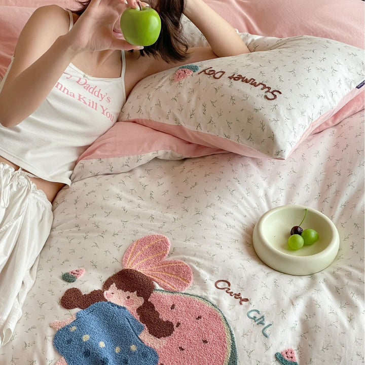 Playful Tufted Appliqué Cotton Duvet Cover Set with Microdot Print