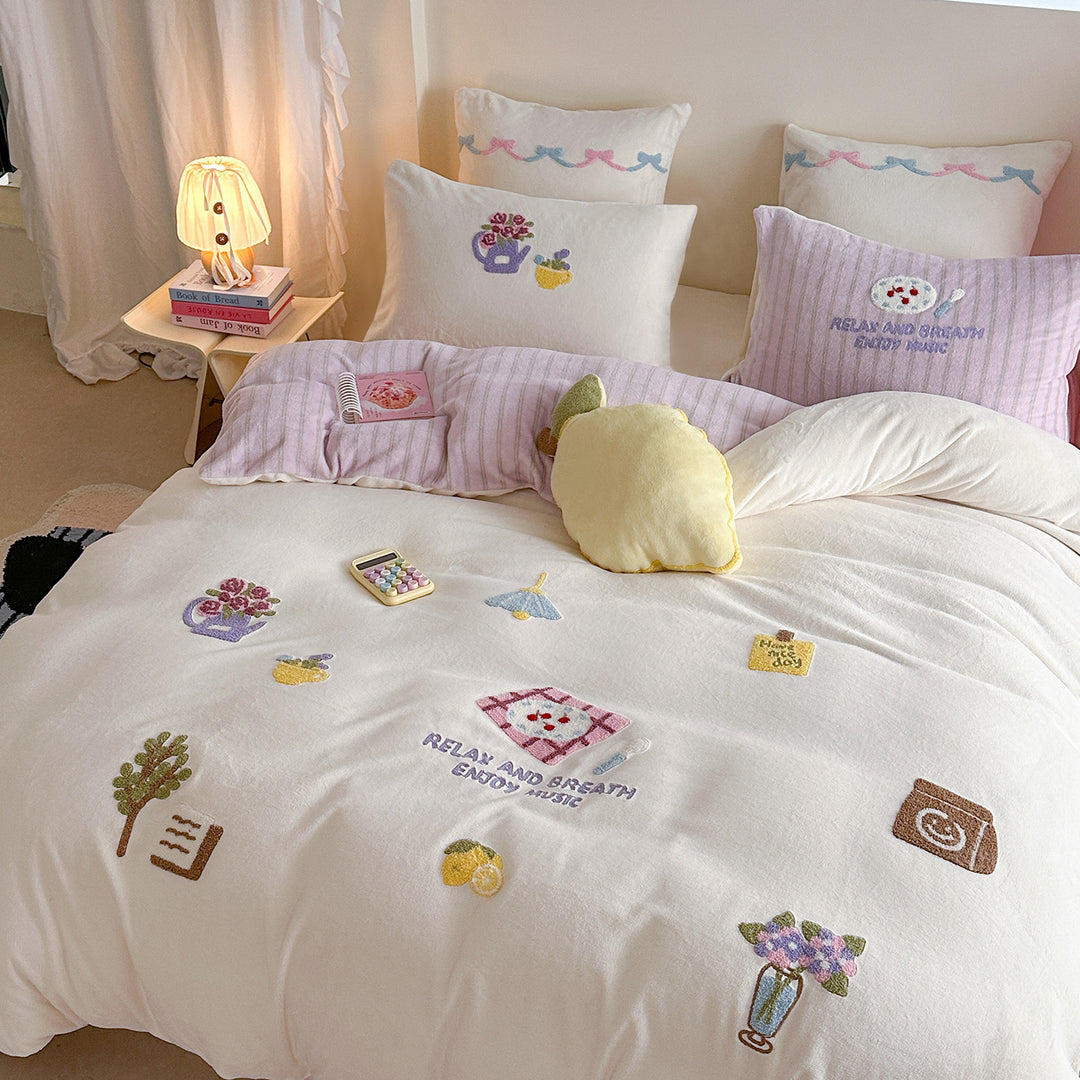Embroidered Plush Quilted Duvet-Style Comforter with Reversible Striped Backing
