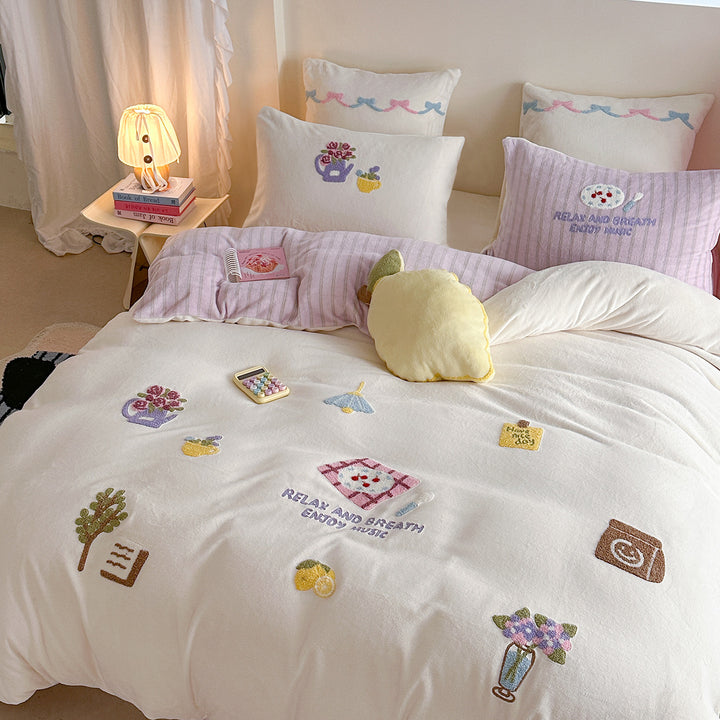 Embroidered Plush Quilted Duvet-Style Comforter with Reversible Striped Backing