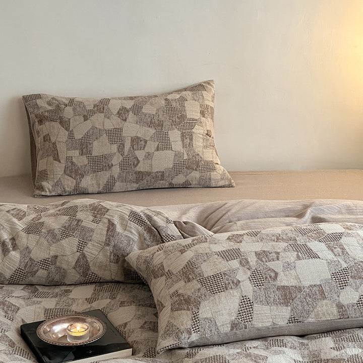 Luxury Stonewashed Cotton Duvet Cover Set with Geometric Jacquard Texture