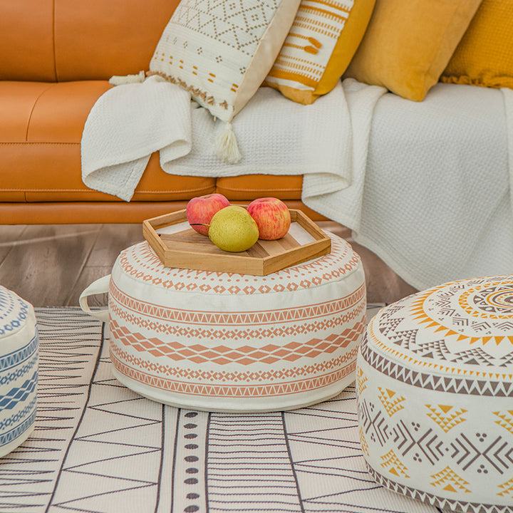 Beef seat pouf made of sturdy cotton blend with ethnic mandala print and carrying handle