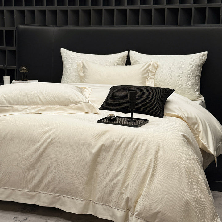 Textured Jacquard Cotton Sateen Duvet Cover Set with Satin-Finish Border and Quilted Euro Shams