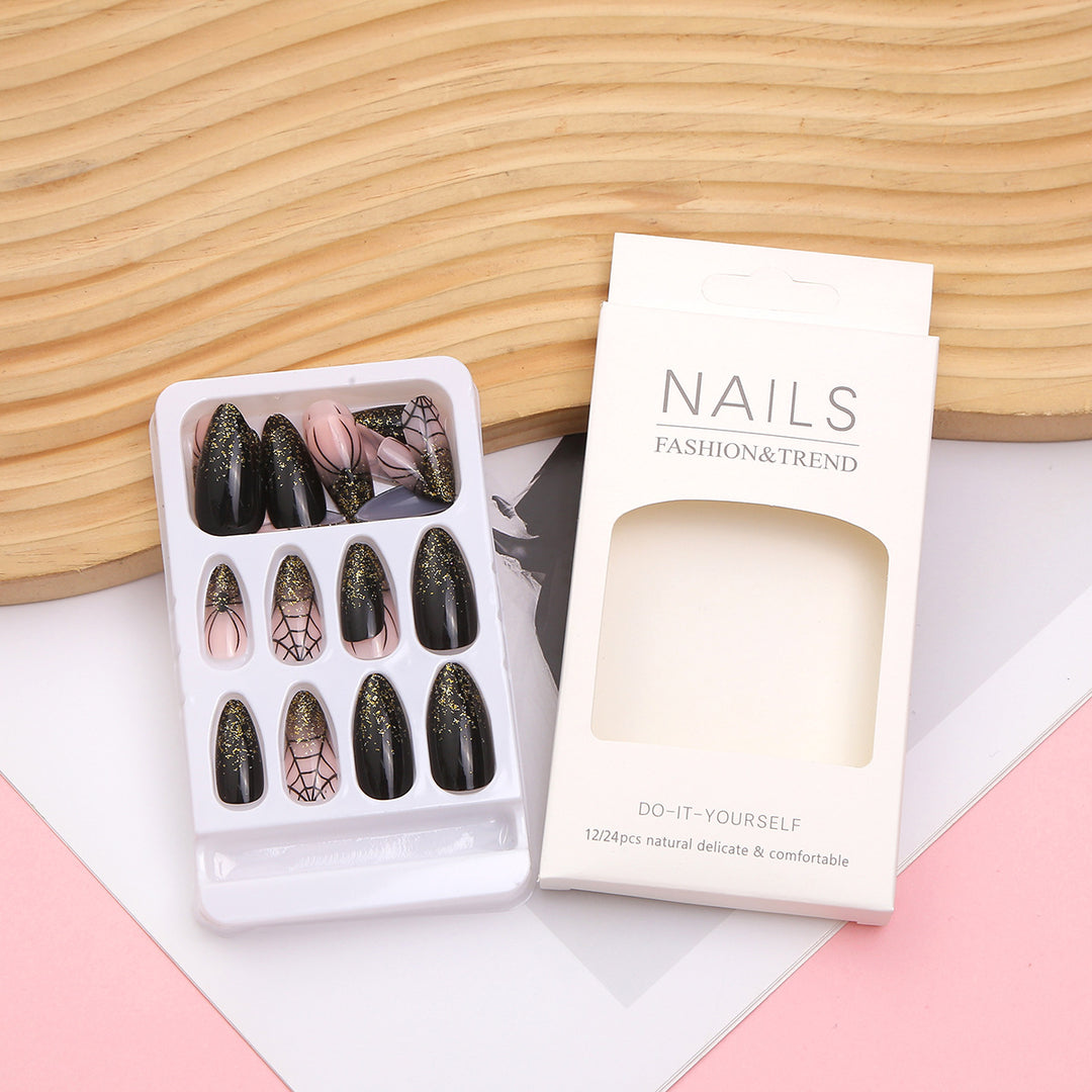 Artistic Press-On Nail Set with Glitter and Spider Web Design Stornfield