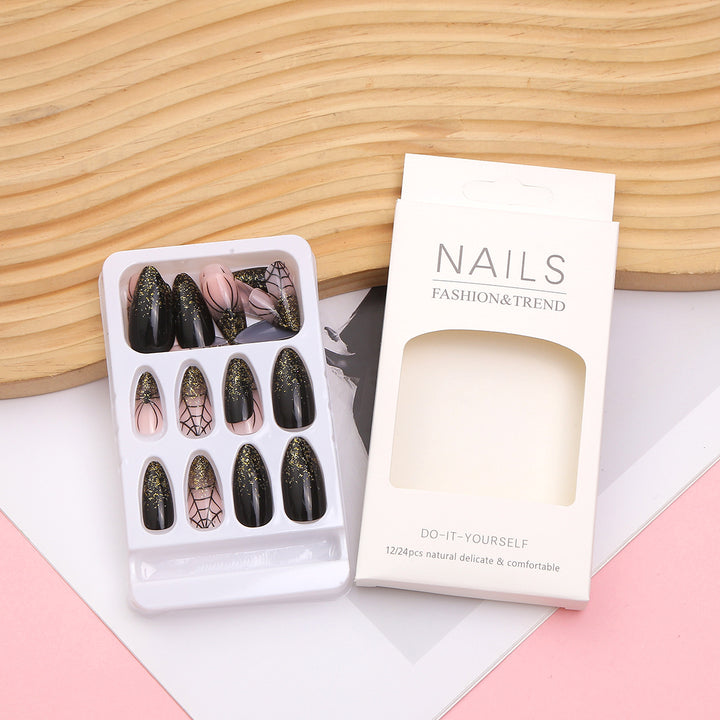 Artistic Press-On Nail Set with Glitter and Spider Web Design Stornfield