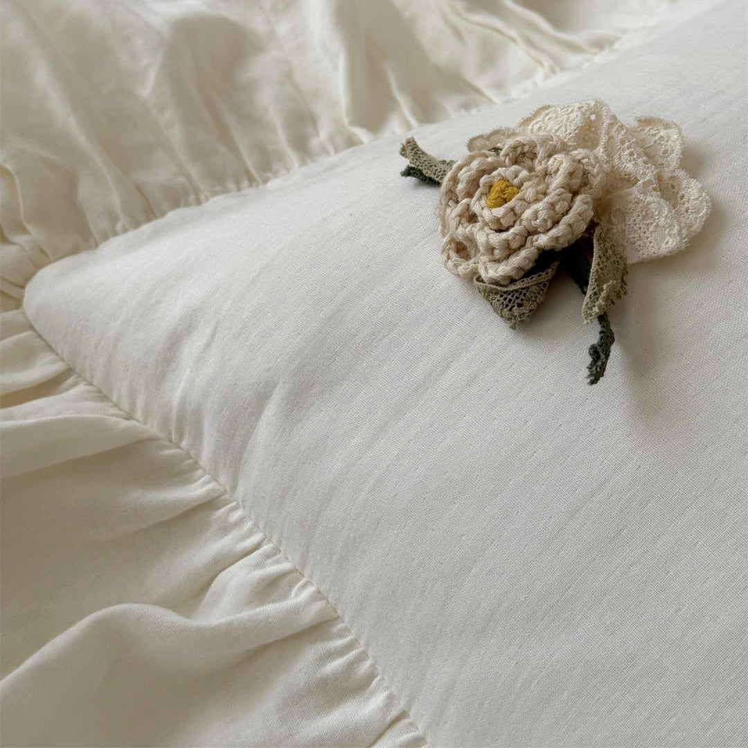 Washed Linen Ruffled Duvet Cover Set with Embroidered Floral Appliqué