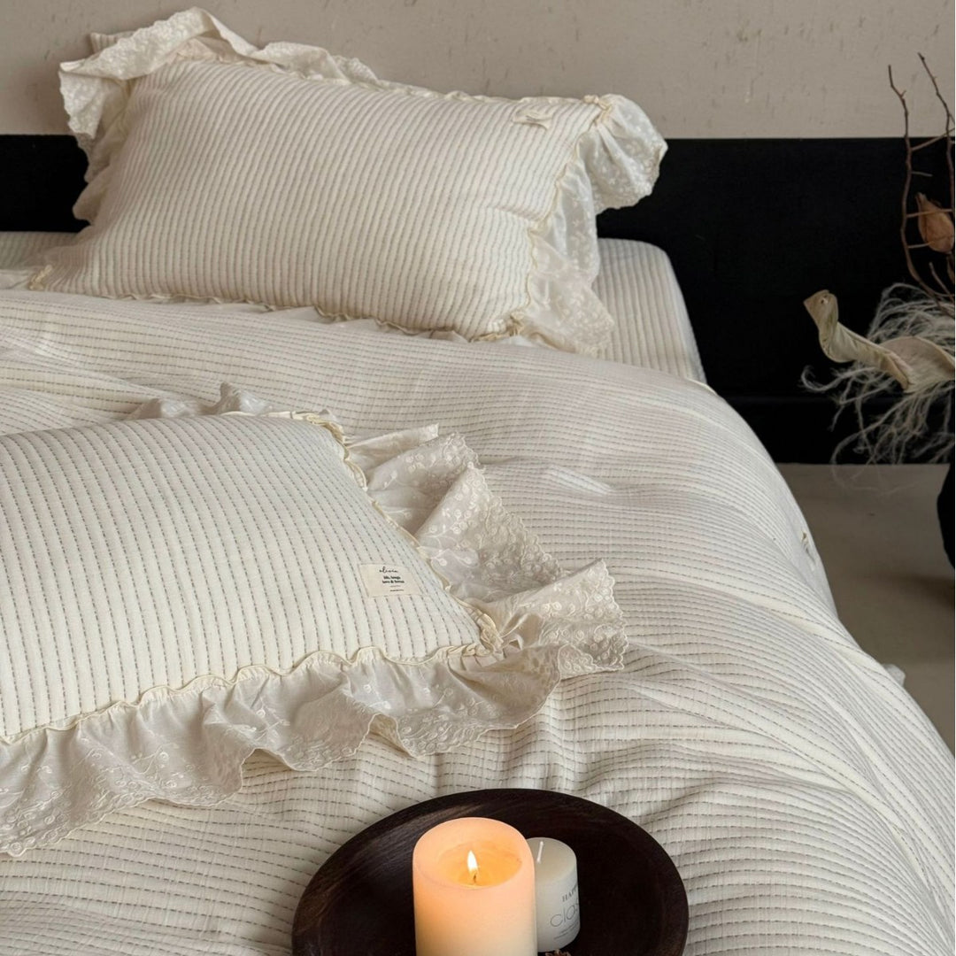 Ruffled Lace Trim Ribbed Duvet Cover Set
