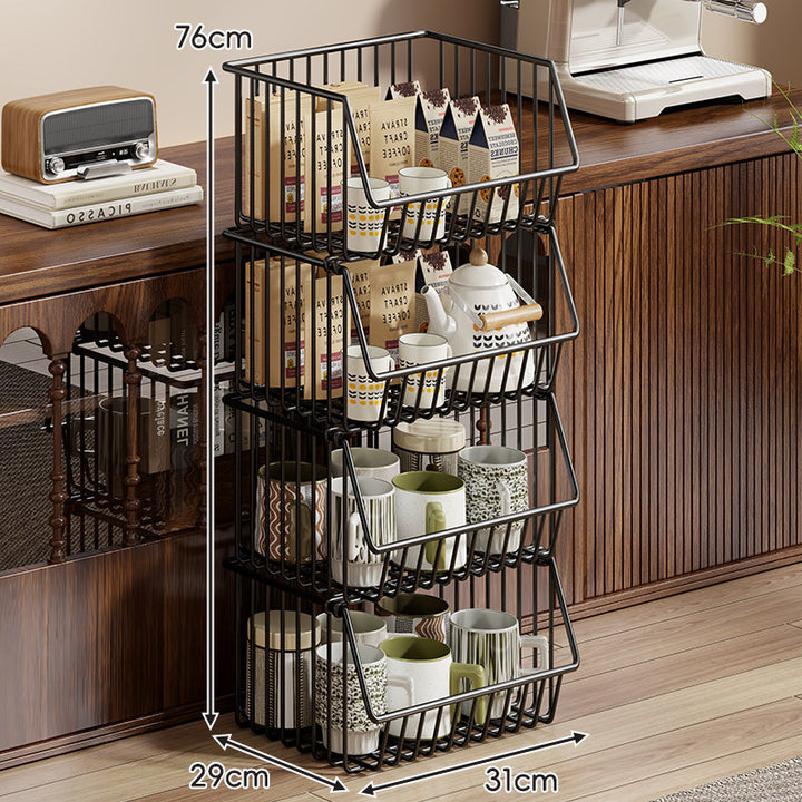 Four-Tier Tall Rolling Wire Pantry and Mug Storage Cart with Deep Slanted Baskets